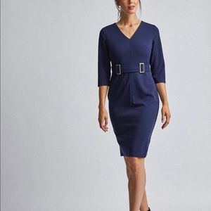 Navy buckle front pencil dress